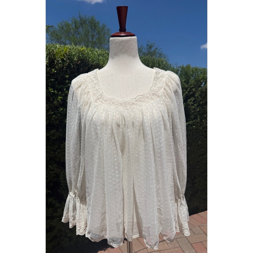 NWT Loft Ivory Swiss Dot Mesh Lace Trim Peasant Blouse Square Neck Fairycore Top